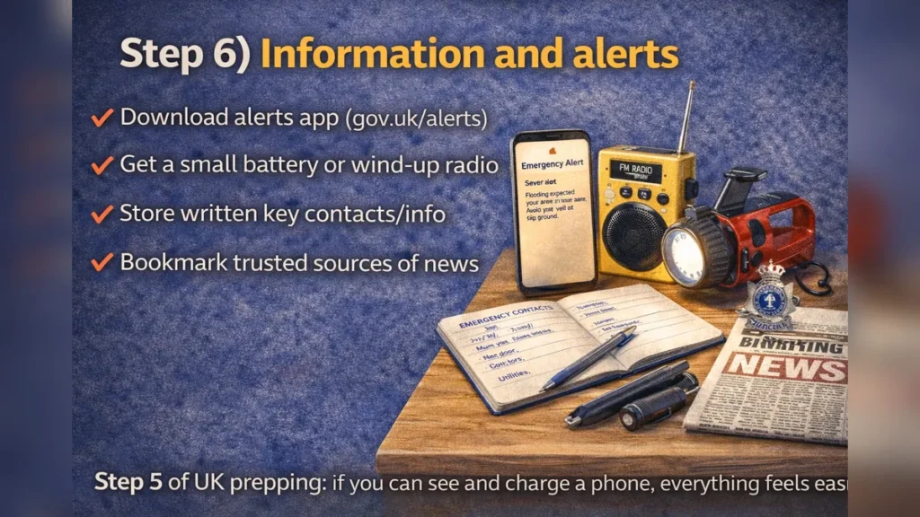 Graphic titled “Step 6) Information and alerts” showing a phone alert, radio, notebook of emergency contacts and a newspaper.