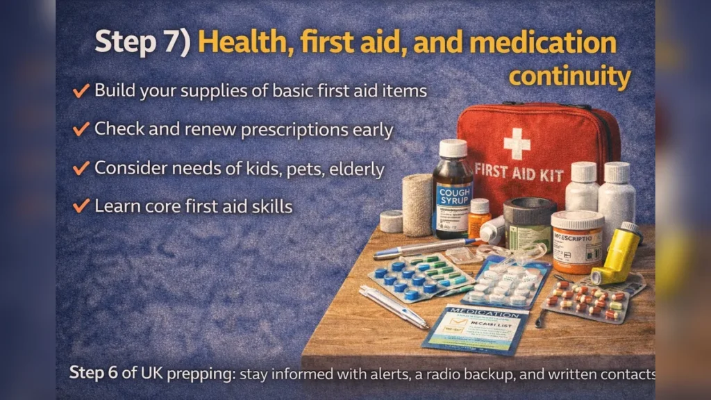 Graphic titled “Step 7) Health, first aid, and medication continuity” showing a first aid kit and common medicines on a table.