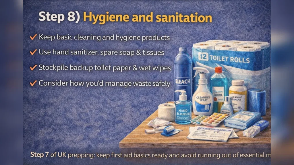 Graphic titled “Step 8) Hygiene and sanitation” showing toilet roll, wipes, soap and basic cleaning supplies on a table.