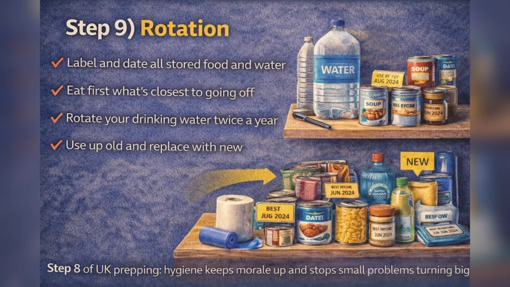 Graphic titled “Step 9) Rotation” showing labelled food and water supplies with dates and a simple rotate-first system.