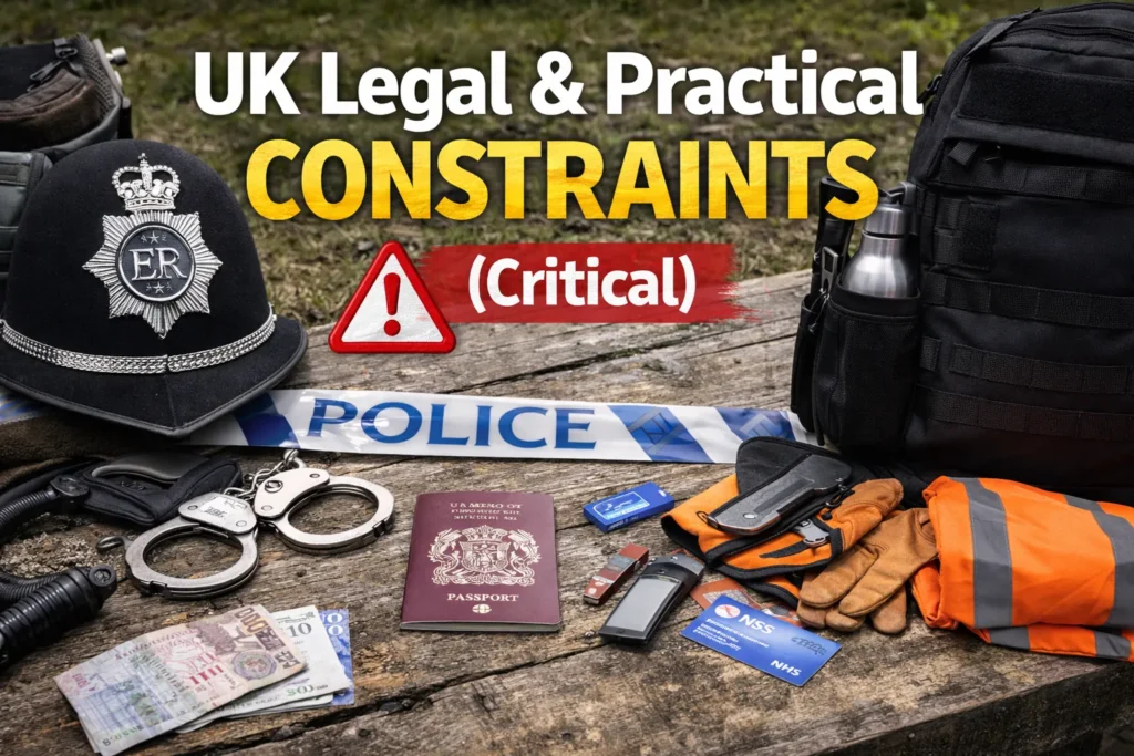UK legal and practical constraints affecting emergency preparedness, shown with everyday items such as ID, high-visibility clothing, and essential gear.