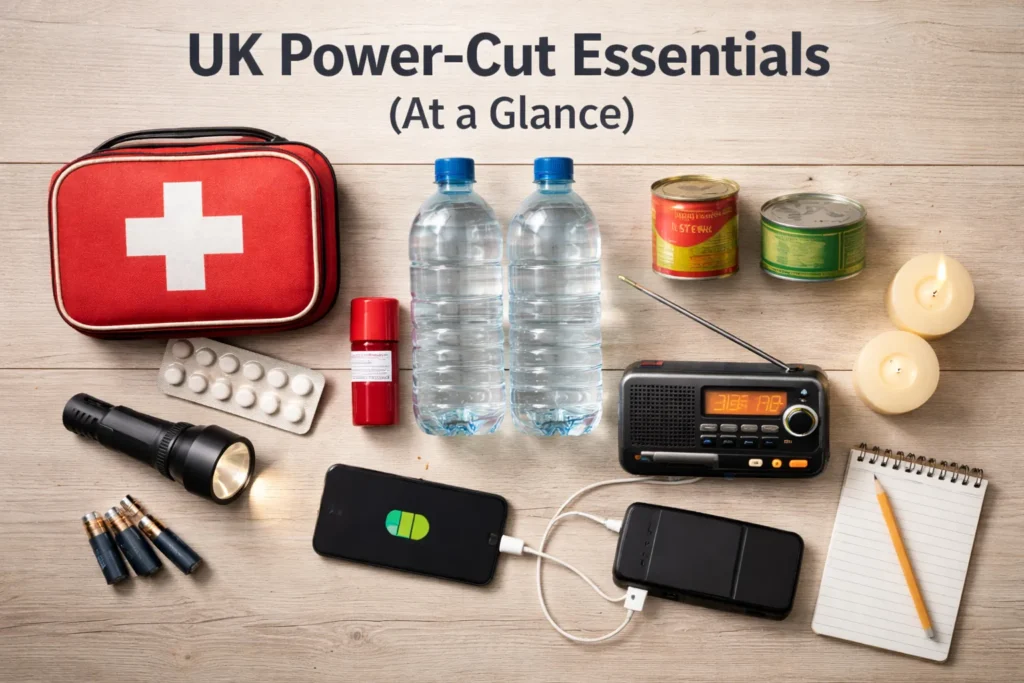 UK power cut essentials laid out on a table including torch, radio, water, first aid kit and power bank