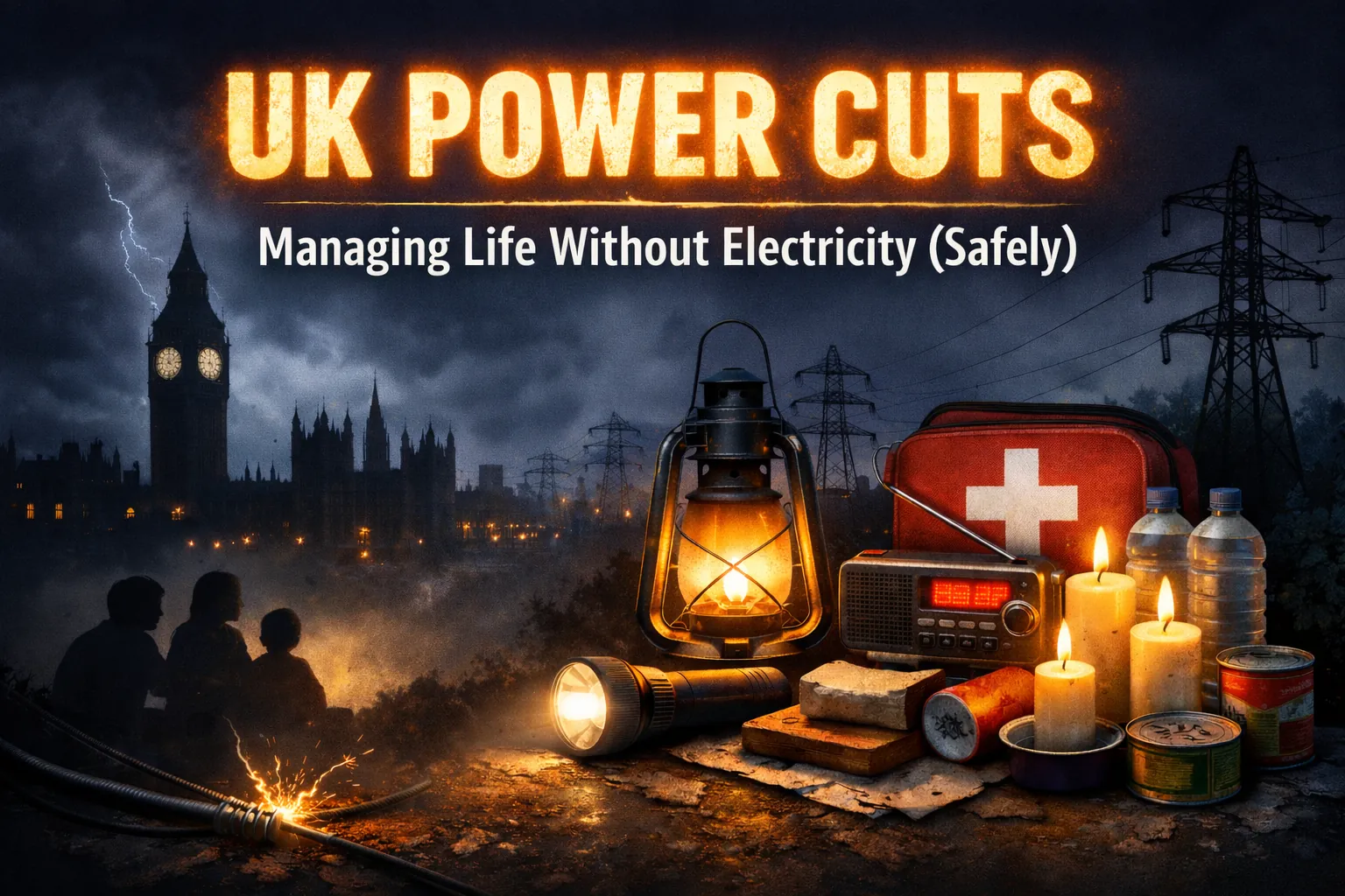 UK power cut preparedness with torches, lantern, radio and emergency supplies during an electricity outage