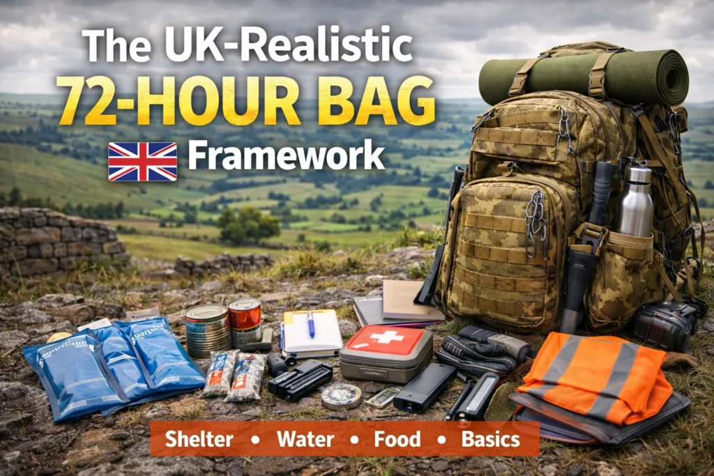 UK-realistic 72-hour emergency bag layout showing essential categories such as shelter, water, food, and everyday basics.