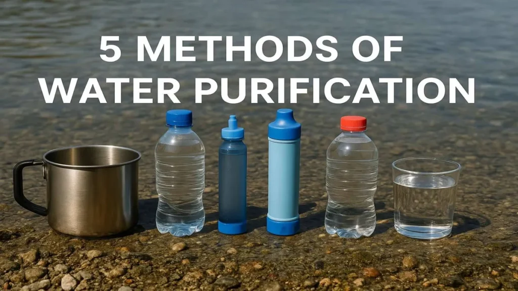 Water purification methods displayed beside a river, including bottles, filters, and a metal cup for boiling, demonstrating safe drinking practices for UK preppers.
