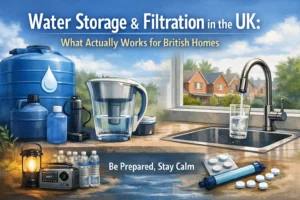 Water storage and filtration setup in a UK home showing practical emergency preparedness