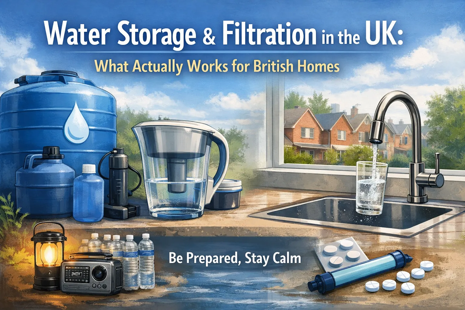 Water storage and filtration setup in a UK home showing practical emergency preparedness