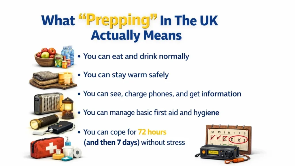 Headline graphic reading “What ‘Prepping’ In The UK Actually Means” with simple icons for food, warmth, power, first aid and a 72-hour plan.