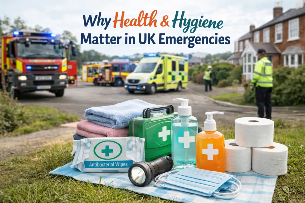 Health hygiene preparedness UK graphic showing ambulance and people outside homes, representing emergency response.