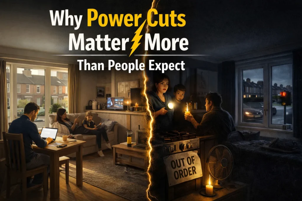 Photorealistic UK living room during a power cut showing how everyday life is disrupted without electricity