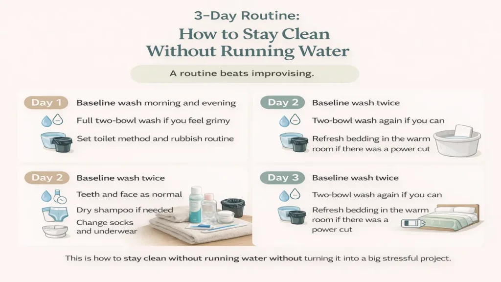 3-day hygiene routine infographic showing how to stay clean without running water using a calm, step-by-step UK household plan.