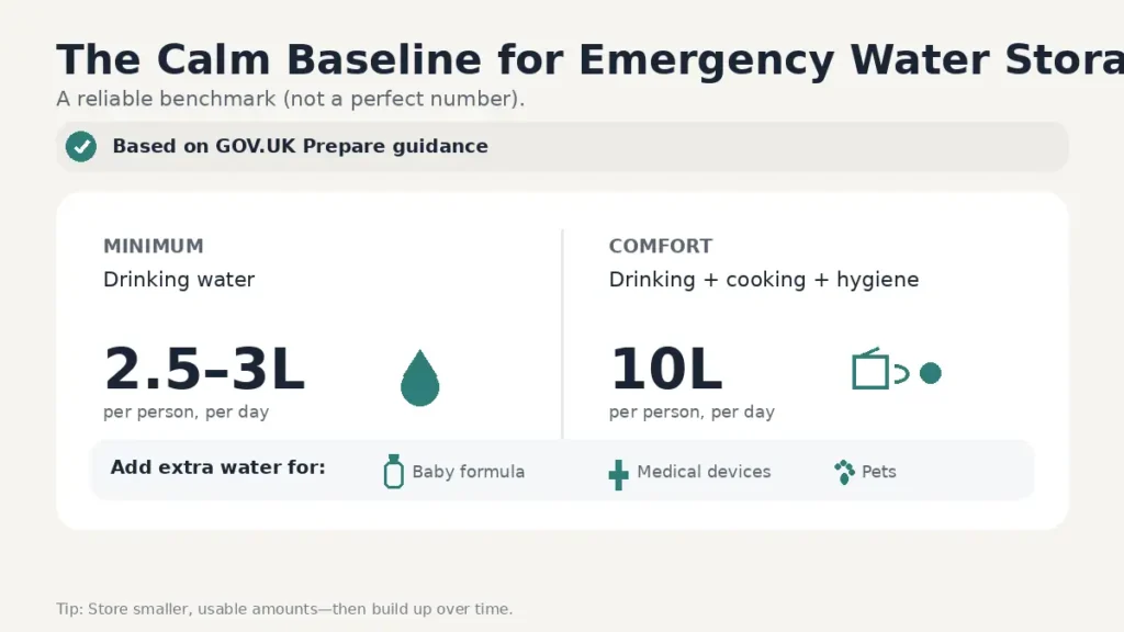 Instructional infographic titled “The Calm Baseline for Emergency Water Storage UK” showing GOV.UK Prepare guidance: 2.5–3 litres drinking water per person per day and 10 litres per person per day for comfort, plus icons for babies, medical devices and pets.