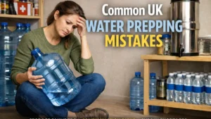 Common UK water prepping mistakes cover image showing a woman in a pantry holding an empty water container beside stored bottles and a countertop water filter.