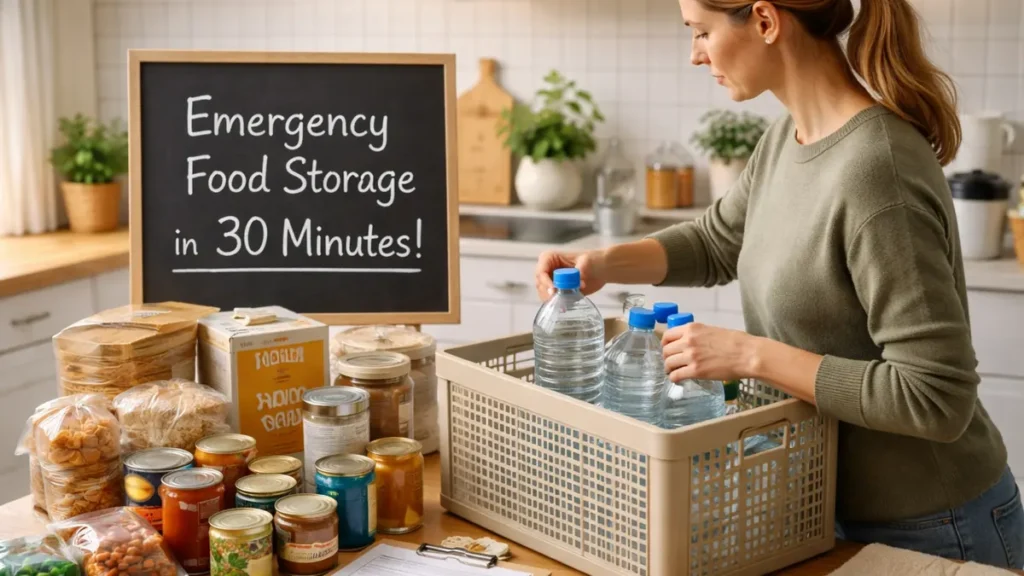 Woman in a bright UK kitchen packing everyday cupboard food and bottled water into a storage crate for a 30-minute emergency food setup.