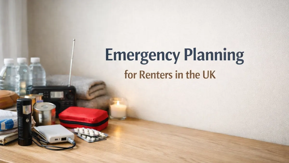 Emergency planning essentials for UK renters laid out neatly on a table in a calm, tidy home.