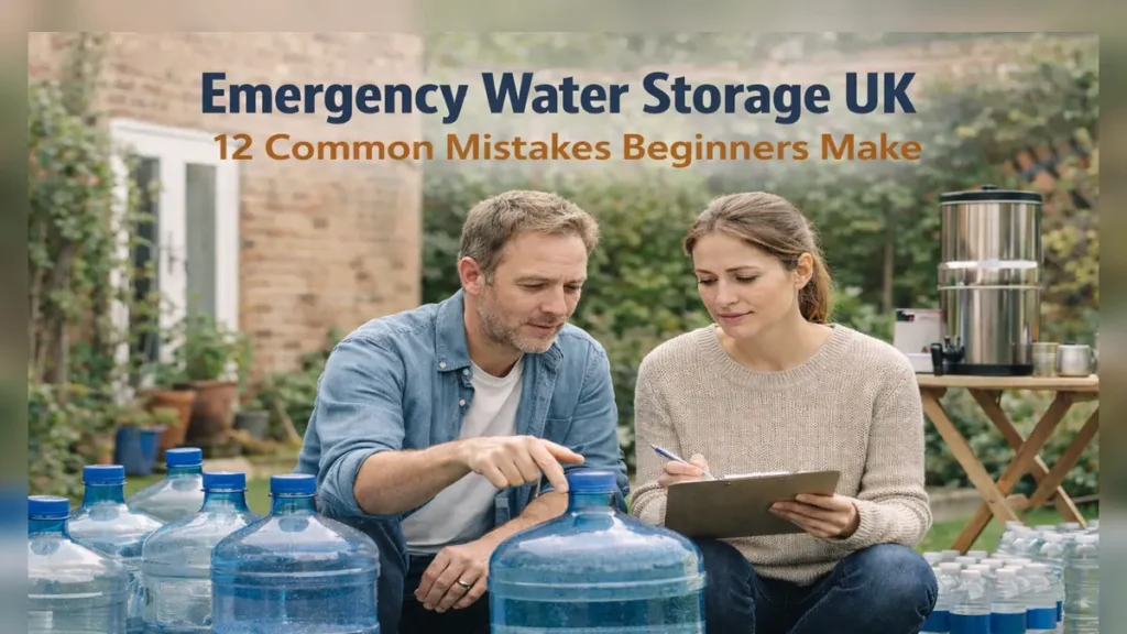 Emergency water storage UK cover image in a calm UK garden showing a couple reviewing large water containers and bottled water beside a gravity water filter, with headline text overlay.