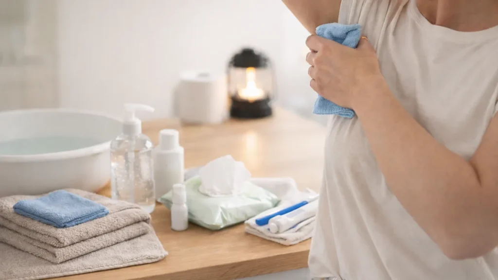 Person doing a quick underarm wash with a flannel at a tidy UK countertop, with a bowl, soap, wipes and towel laid out for a no-running-water routine.