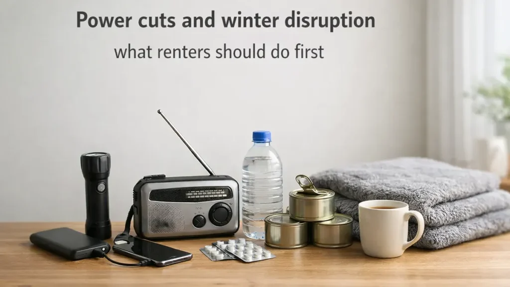 Renter-friendly power cut essentials on a tidy UK table: torch, radio, power bank, water, tinned food, blankets and a mug.