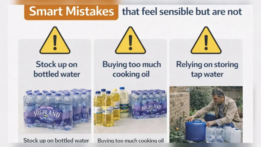Instructional infographic titled “Smart mistakes that feel sensible but are not” showing three warning panels: stocking bottled water, buying too much cooking oil, and relying on storing tap water.