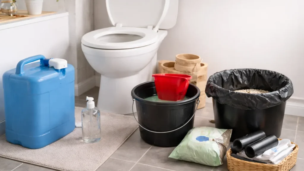 Calm UK bathroom scene showing a toilet with a bucket flush setup, stored water container, bin bags and hygiene supplies ready for a water outage.