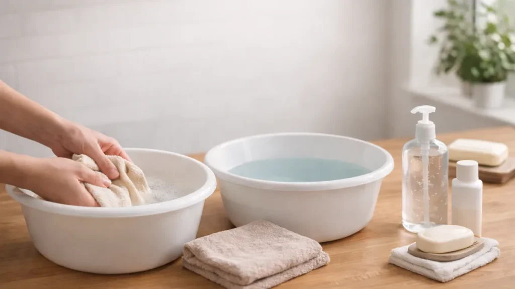 Hands using a flannel in a soapy bowl beside a second rinse bowl on a tidy UK kitchen counter, showing the two-bowl washing method without running water.