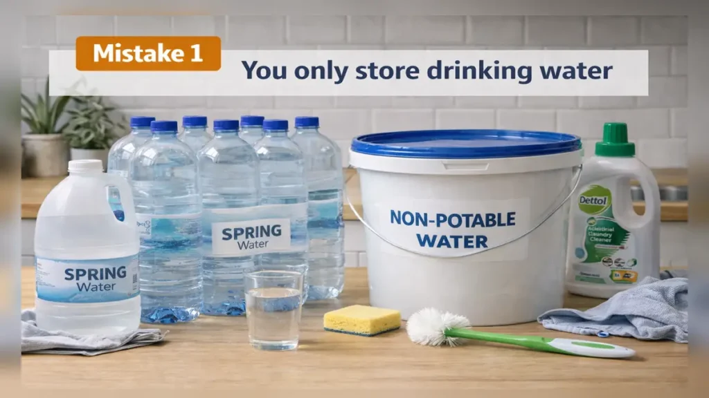 Kitchen counter with bottled drinking water beside a labelled non-potable water bucket and cleaning items, showing the mistake of only storing drinking water (with text overlay).