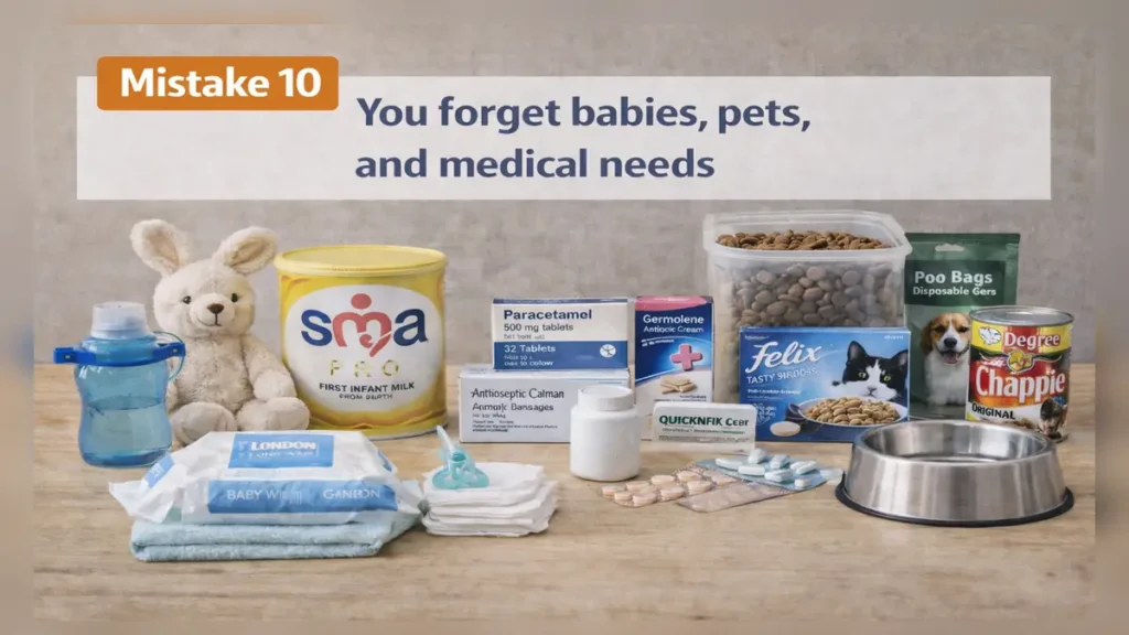 Neatly arranged baby, pet and medical essentials on a wooden surface (wipes, formula tin, sippy cup, plasters, paracetamol, antiseptic cream, pet food, poo bags and a bowl), illustrating Mistake 10 (with text overlay).