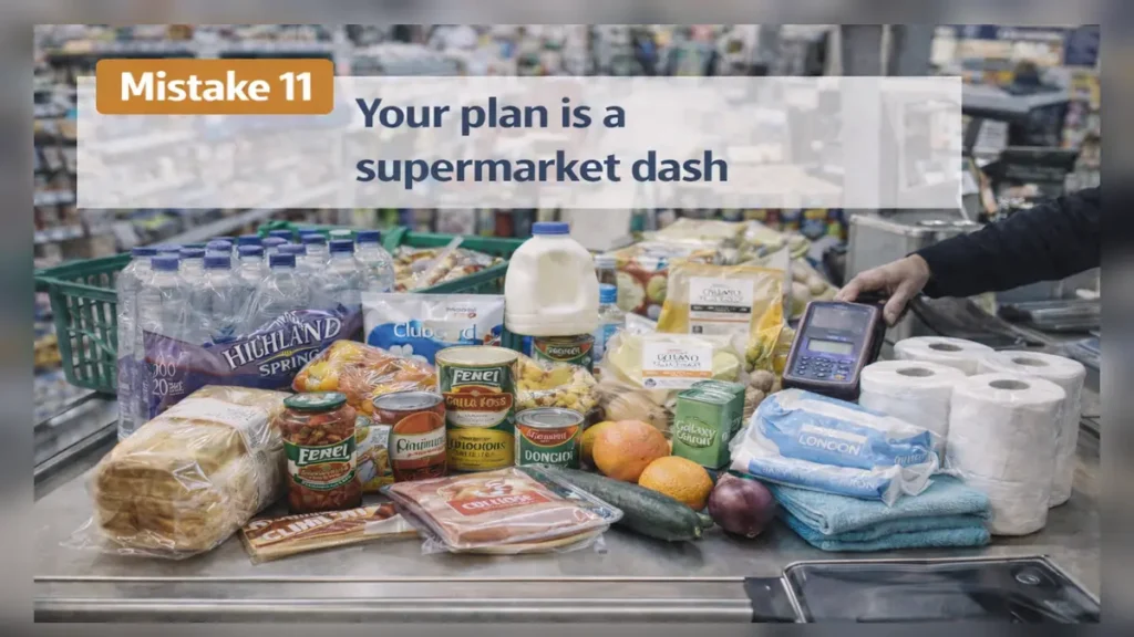 Supermarket checkout conveyor piled with groceries and multipack bottled water beside a card payment terminal, illustrating Mistake 11: relying on a last-minute supermarket dash (with text overlay).