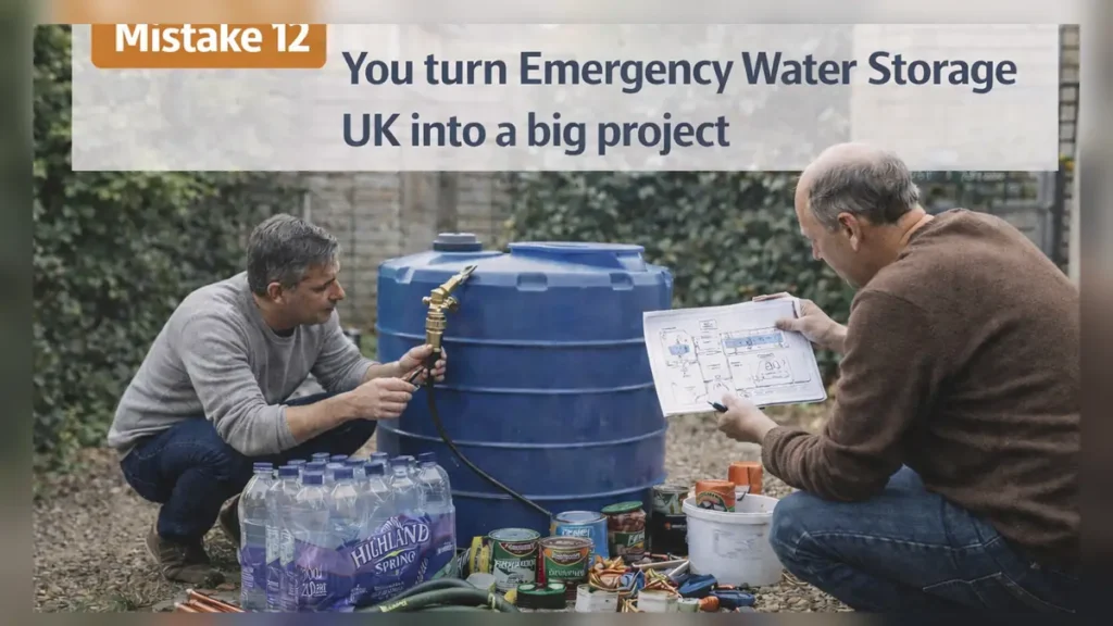 Two men in a calm UK garden fitting a tap to a large blue water tank while checking a simple plan, showing the mistake of turning emergency water storage into a big project (with text overlay).