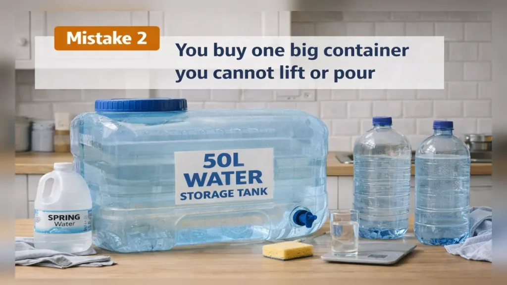 Kitchen counter with an oversized 50L water storage container beside smaller bottles, illustrating the mistake of buying one container that’s too heavy to lift or pour (with text overlay).