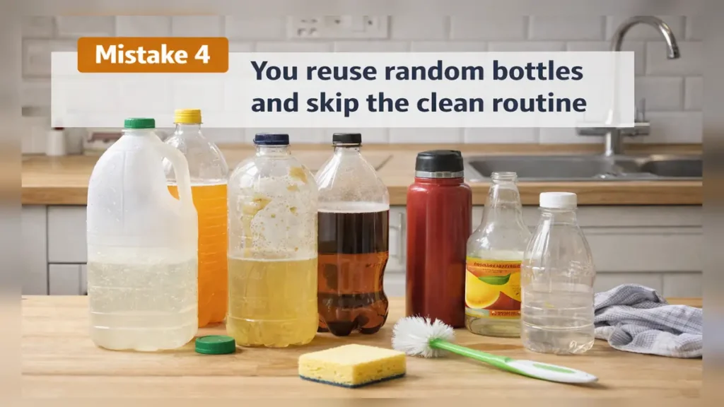 Kitchen counter with assorted reused drink bottles beside a sponge and bottle brush, illustrating the mistake of reusing random bottles without a proper cleaning routine (with text overlay).
