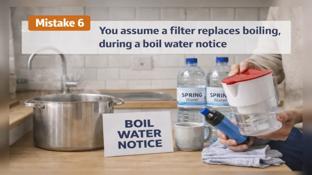Kitchen counter with a steaming pot, a “boil water notice” sign and a jug filter, showing the mistake of assuming filtering replaces boiling during a boil water notice (with text overlay).
