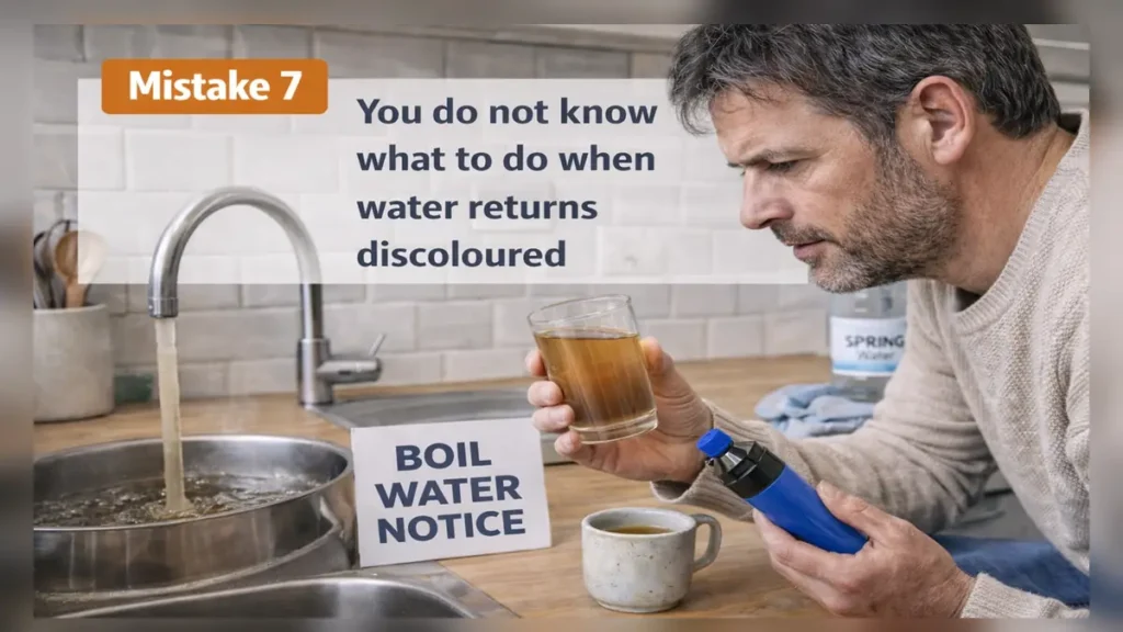Man in a UK kitchen holding a glass of discoloured tap water beside a “boil water notice” sign, unsure what to do when water returns brown (with text overlay).