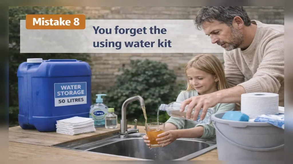 Outdoor sink setup with stored water container, soap and towels as a parent helps a child pour water, illustrating the mistake of forgetting a “using water kit” (with text overlay).