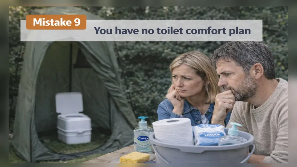 Couple in a UK garden beside a privacy tent and portable toilet setup with wipes, toilet paper and hand soap, illustrating the mistake of having no toilet comfort plan (with text overlay).