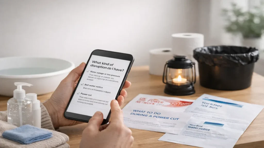 Checking the type of disruption during a water outage or power cut in a calm UK home using a phone and hygiene items.