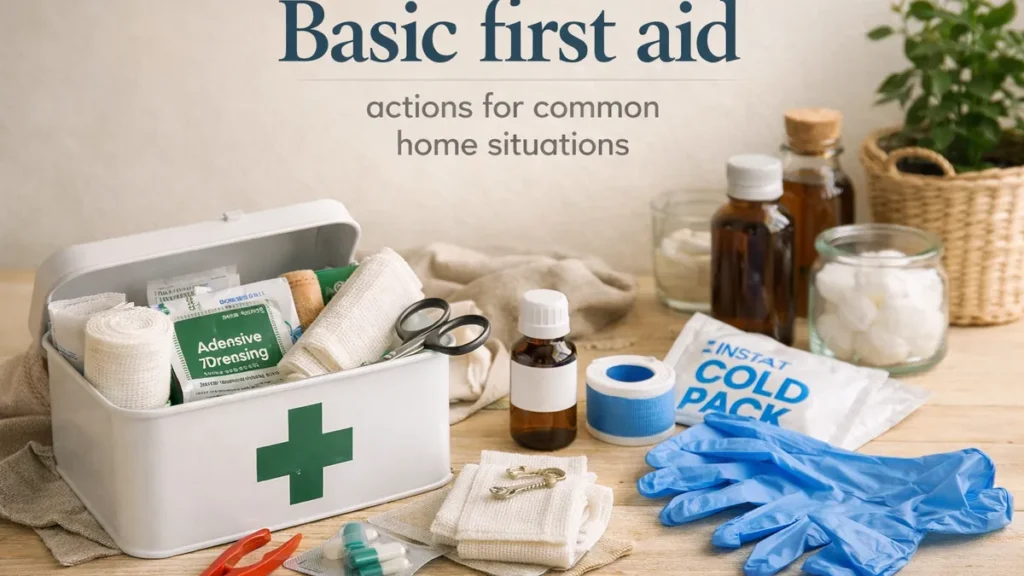 Open first-aid tin with bandages, gauze and scissors beside an instant cold pack and disposable gloves on a wooden table in soft daylight.