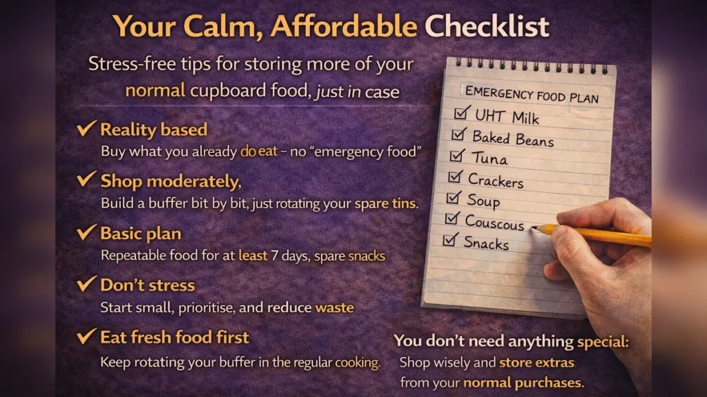 Infographic titled “Your Calm, Affordable Checklist” with simple steps for building emergency food storage using normal cupboard food.