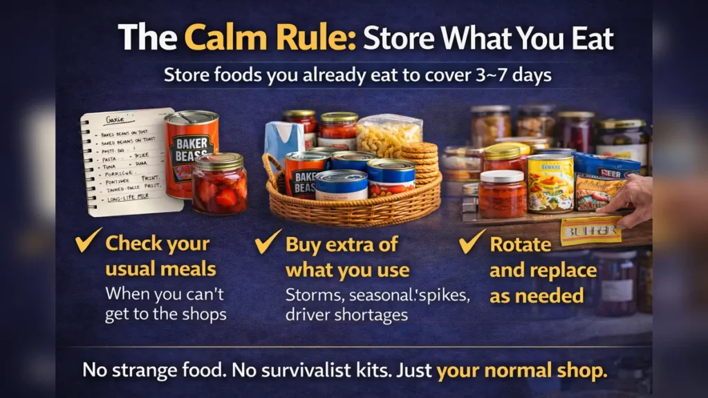 Graphic showing “The Calm Rule: Store What You Eat” with a simple 3-step method and everyday UK cupboard foods.