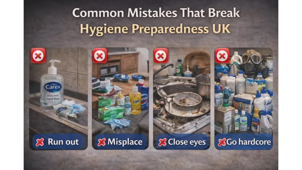 Photorealistic UK hygiene preparedness mistakes infographic with text overlay “Common Mistakes That Break Hygiene Preparedness UK,” showing four panels: running out of supplies, misplacing items, ignoring mess, and overbuying/overcomplicating.