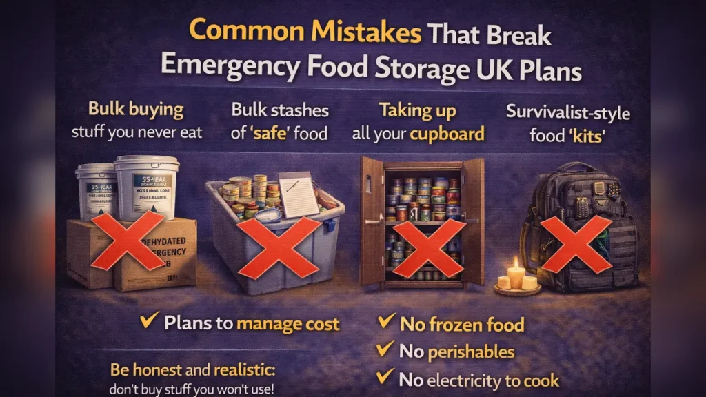 Infographic showing common mistakes that break emergency food storage plans in the UK, like bulk buying food you won’t eat and relying on kits.