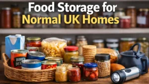 Food storage for normal UK homes with tins, pasta, jars, crackers and a torch on a kitchen counter.