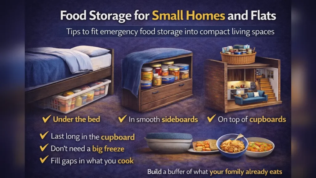 Infographic showing food storage ideas for small UK homes and flats, including under-bed boxes, sideboards and cupboard space.