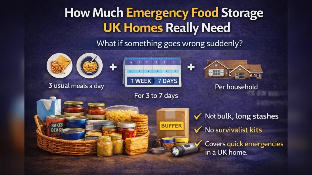 Infographic showing how much emergency food storage UK homes need, focusing on 3–7 days of usual meals per household.