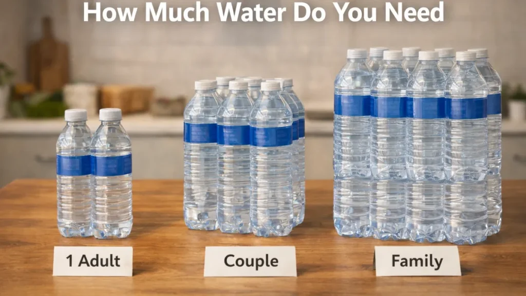 Groups of bottled water labelled for one adult, couple and family on a kitchen counter. Water Storage and Filtration UK