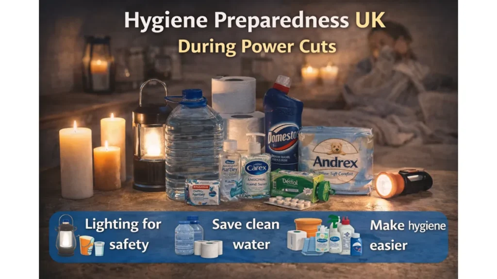 Photorealistic UK home power cut hygiene setup with text overlay “Hygiene Preparedness UK During Power Cuts,” showing a lantern/candles for light, stored water, soap, toilet roll, and basic cleaning items on a table.