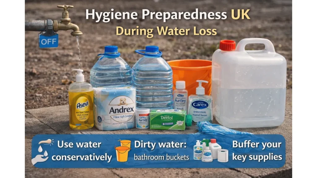 Photorealistic UK hygiene preparedness scene during water loss with text overlay, showing stored water containers, soap, toilet roll, wipes and a bucket near an outdoor tap turned off.