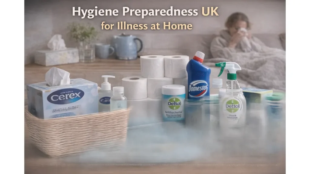 Photorealistic UK home hygiene preparedness scene with text overlay “Hygiene Preparedness UK for Illness at Home,” showing everyday items like soap, sanitiser, cleaning spray, tissues, wipes, and a simple checklist on a table.