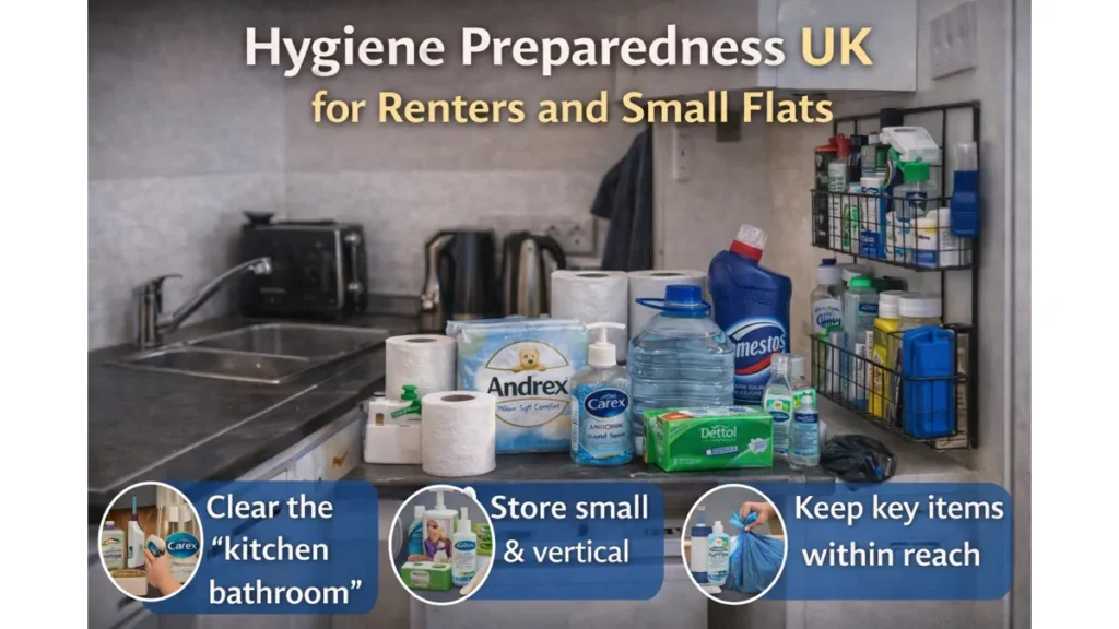 Photorealistic UK small flat kitchen hygiene setup with text overlay “Hygiene Preparedness UK for Renters and Small Flats,” showing compact storage of soap, wipes, toilet roll, cleaning spray and a small water container, plus tips to store items vertically and within reach.