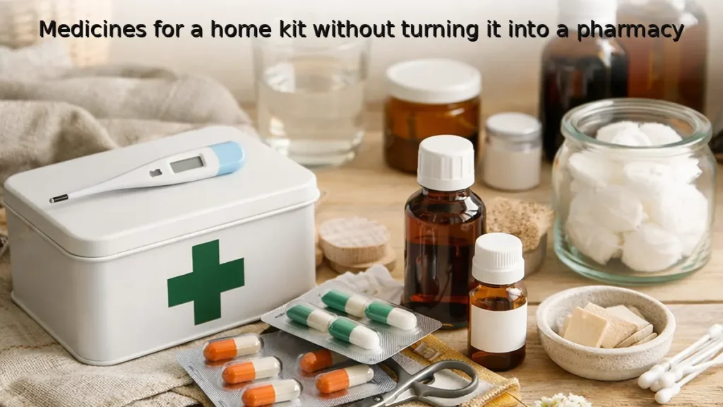 Neatly styled home first-aid tin with thermometer, blister packs, amber medicine bottles and cotton wool on a wooden table in soft natural light.